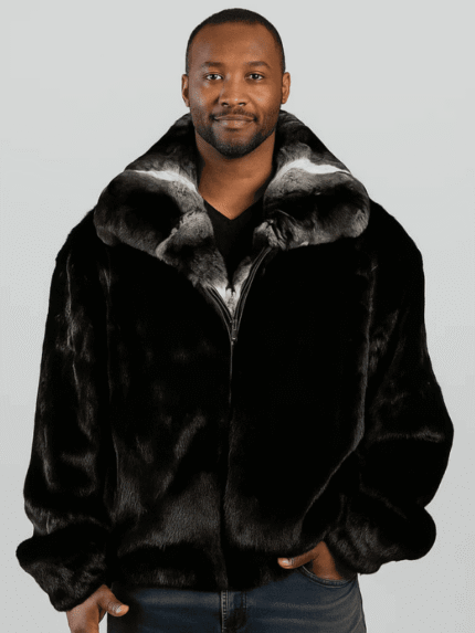 Men's Real Mink Fur Jacket with Chinchilla Fur Collar
