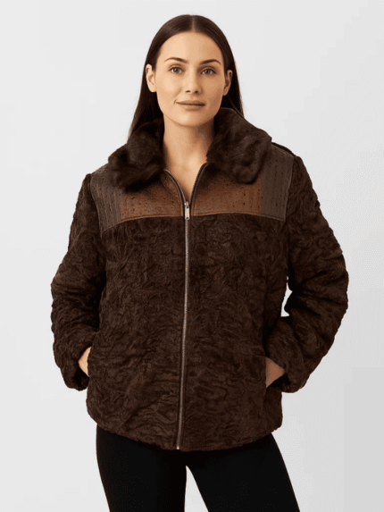 Women's Brown Persian Lamb Fur Bomber Jacket