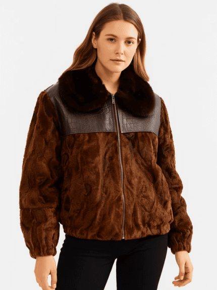 Women's Light Brown Persian Lamb Fur Bomber Jacket