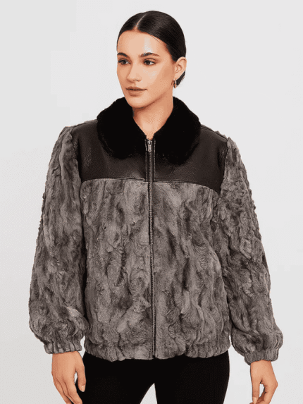 Women's Persian Lamb Fur Bomber Jacket with Leather Trim