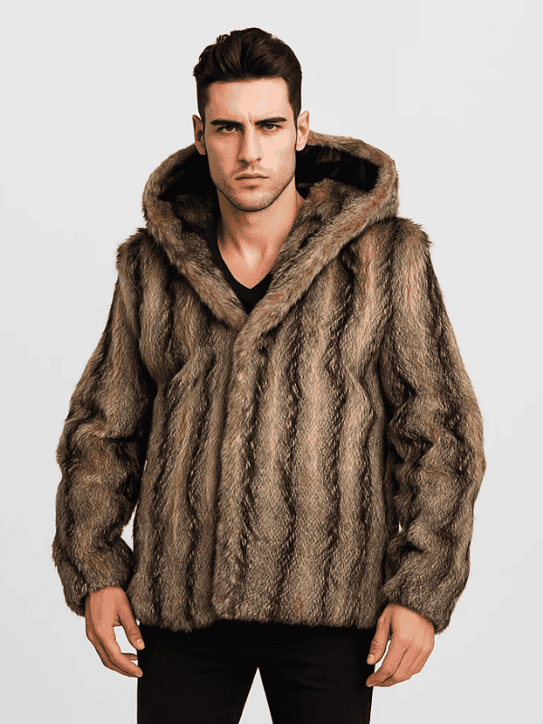The jasperz Men's Brown Coyote Fur Coat with Hood