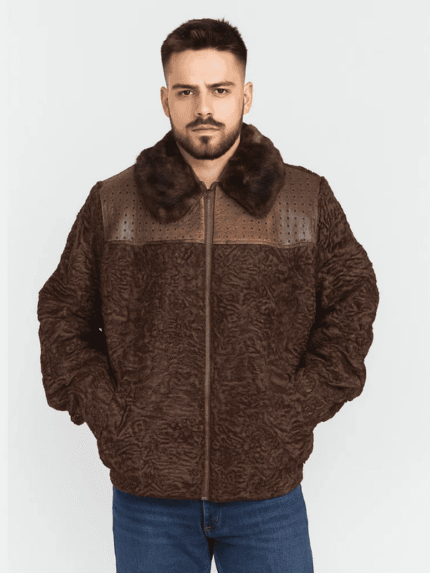 Men's Brown Persian Lamb Fur Bomber Jacket