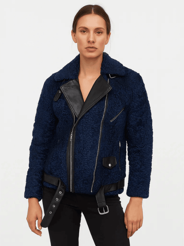 The Jasperz wear (5) Women's Navy Blue Persian Lamb Fur Biker Jacket