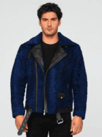 Men's Navy Blue Persian Lamb Fur Biker Jacket