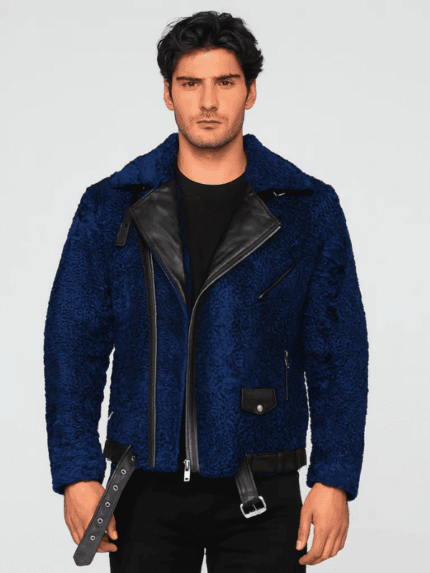 Men's Navy Blue Persian Lamb Fur Biker Jacket
