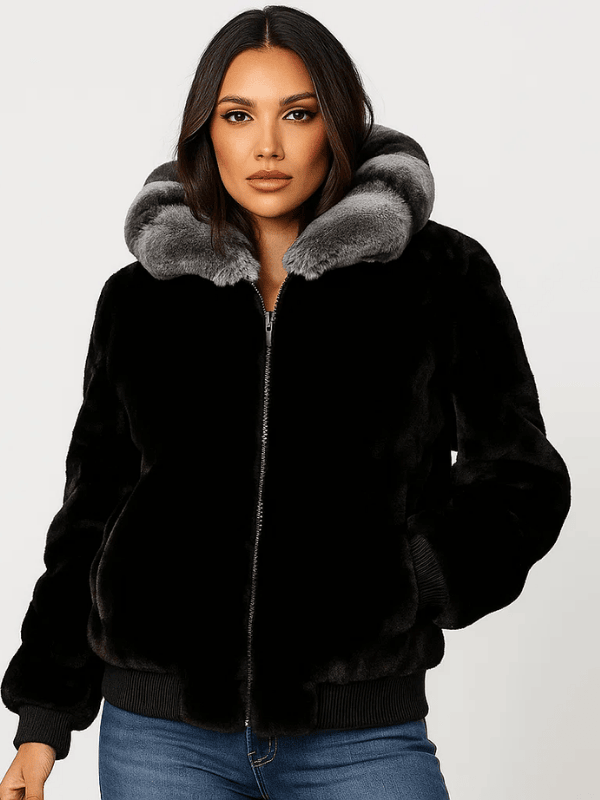 The jasperz Women's Mink Fur Bomber Jacket with Chinchilla Collar