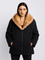 Women's Real Astrakhan Jacket with Cream Mink Fur Collar