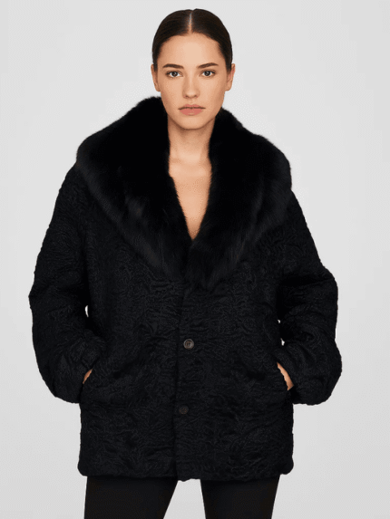 Women's Persian Lamb Fur Short Coat with Fox Fur Collar