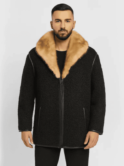 Men's Real Astrakhan Jacket with Cream Mink Fur Collar