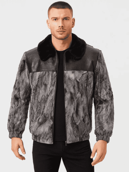Men's Persian Lamb Fur Bomber Jacket with Leather Trim