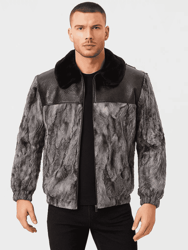 The jasperz Men's Persian Lamb Fur Bomber Jacket with Leather Trim