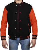 Black Varsity Jacket With Orange Sleeves
