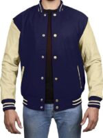 Navy Blue Varsity Jacket With Cream Sleeves