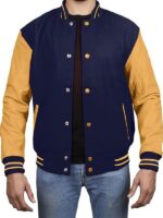 Navy Blue Varsity Jacket With Gold Sleeves
