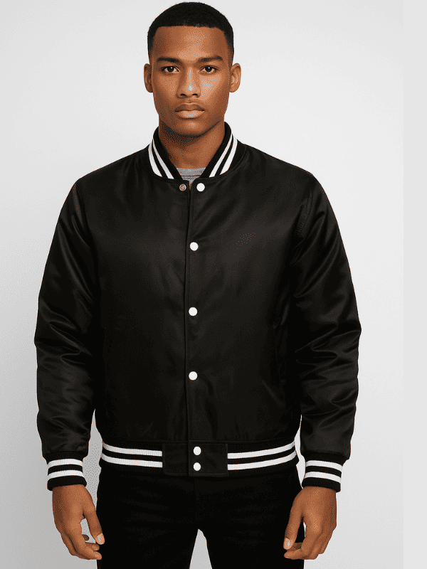 12-min Men's Black Letterman Satin Varsity Jacket