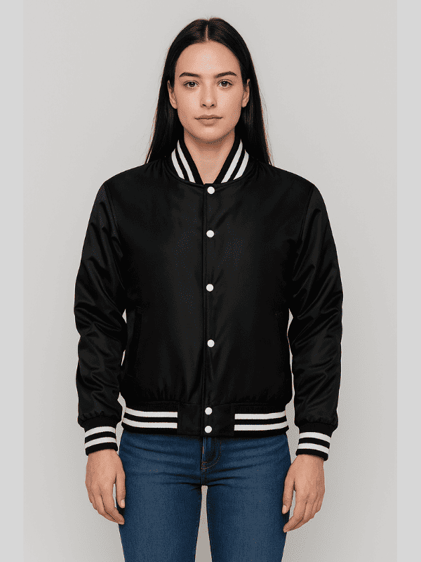 13-min Women's Black Letterman Satin Varsity Jacket
