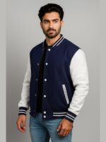 Men's Navy Blue Varsity Jacket With White Sleeves