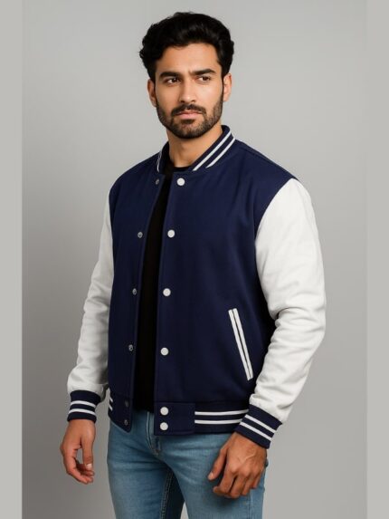 Men's Navy Blue Varsity Jacket With White Sleeves