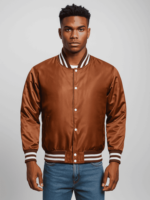16-min Men's Brown Letterman Satin Varsity Jacket