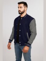 Men's Navy Blue Varsity Jacket With Grey Sleeves