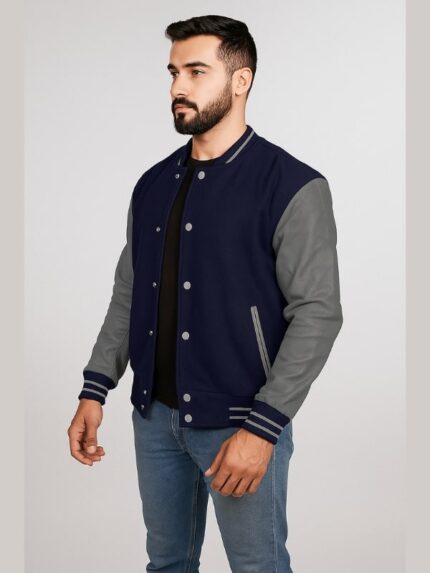 Men's Navy Blue Varsity Jacket With Grey Sleeves