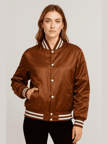 Women's Brown Letterman Satin Varsity Jacket