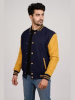 Men's Navy Blue Varsity Jacket With Gold Sleeves