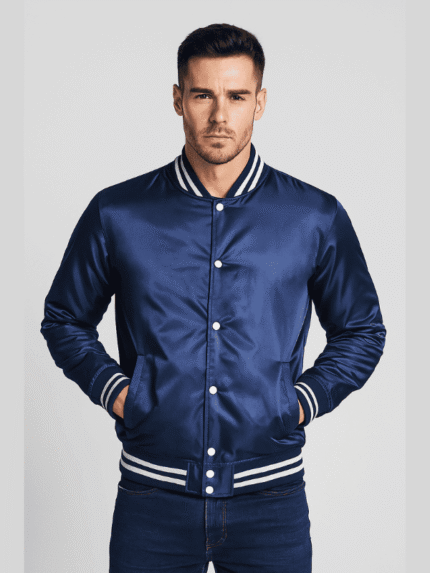Men's Dk Blue Letterman Satin Varsity Jacket