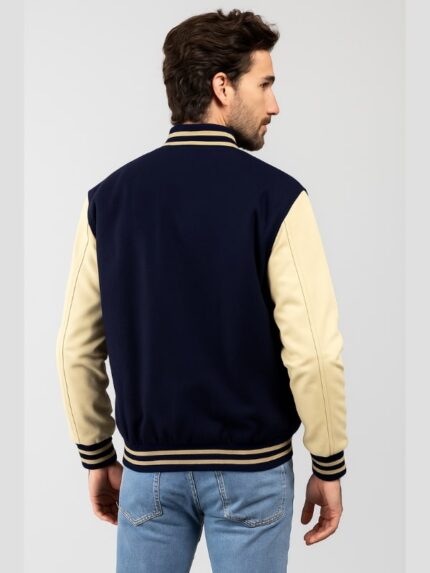 Men's Navy Blue Varsity Jacket With Cream Sleeves
