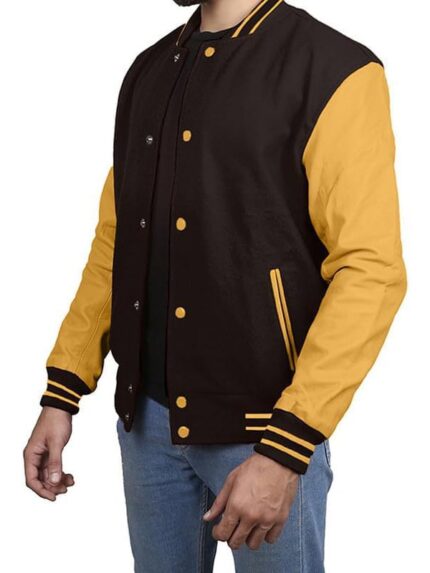 Brown Varsity Jacket With Gold Sleeves