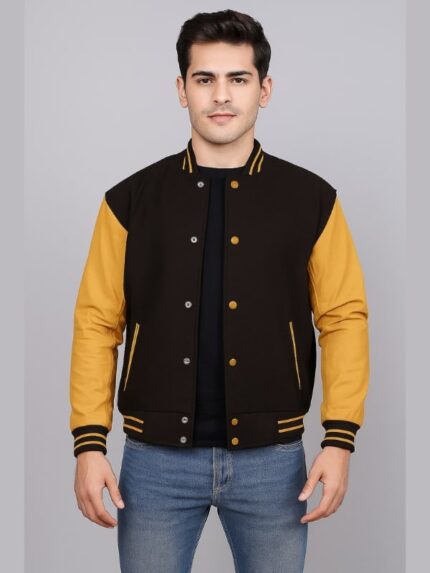 Men's Brown Varsity Jacket With Gold Sleeves