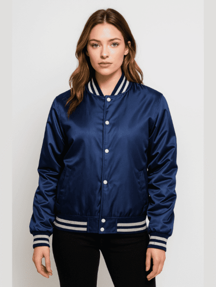 Women's Dk Blue Letterman Satin Varsity Jacket