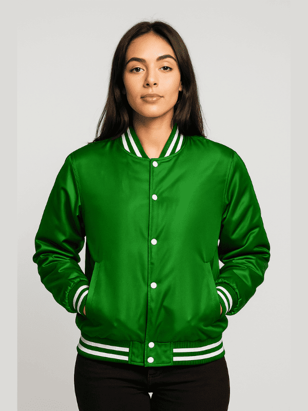 21-min Women's Green Letterman Satin Varsity Jacket