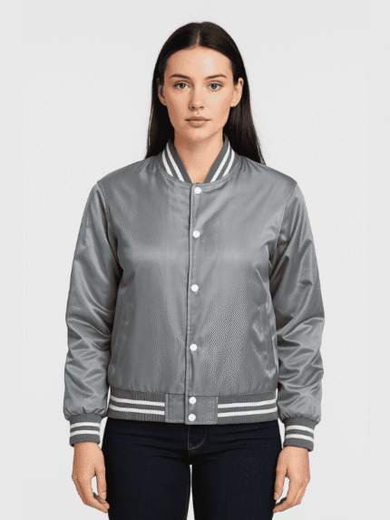 Women's Grey Letterman Satin Varsity Jacket