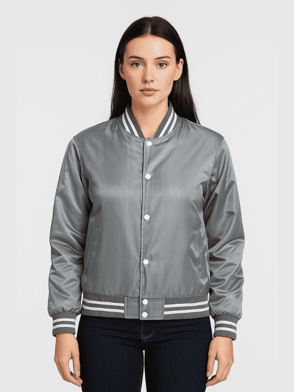 23-min Women's Grey Letterman Satin Varsity Jacket