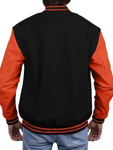 Men's Black Varsity Jacket With Orange Sleeves