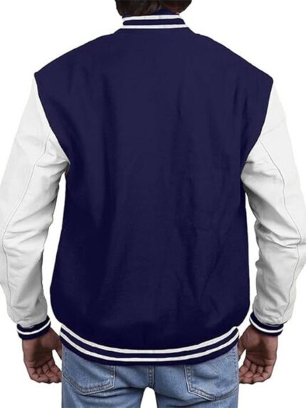 Navy Blue Varsity Jacket With White Sleeves