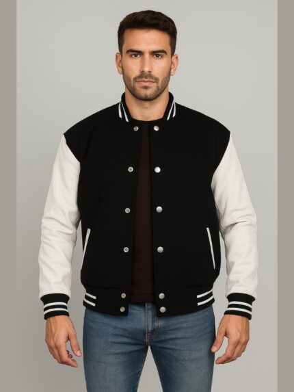 Men's Black Varsity Jacket With White Sleeves