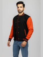 Men's Black Varsity Jacket With Orange Sleeves