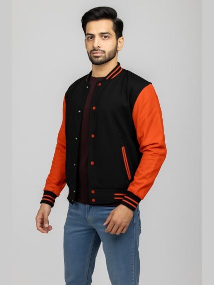 Men's Black Varsity Jacket With Orange Sleeves