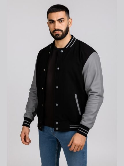 Men's Black Varsity Jacket With Grey Sleeves