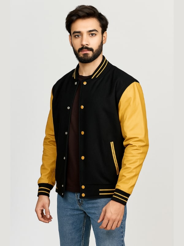 7-min Men's Black Varsity Jacket With Gold Sleeves