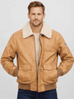 Men's Wheat US Flag Flight Pilot Leather Jacket