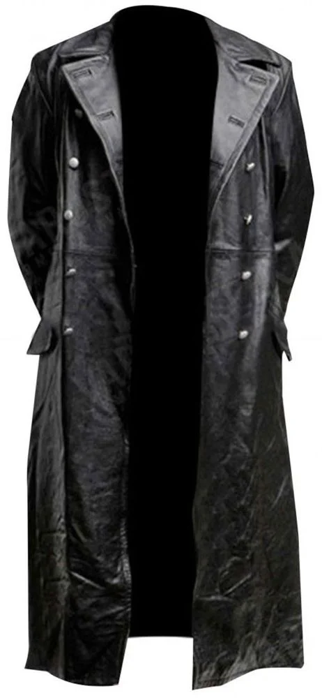 German Classic Officer WW2 Military Uniform Black Leather Trench Coat - Image 3