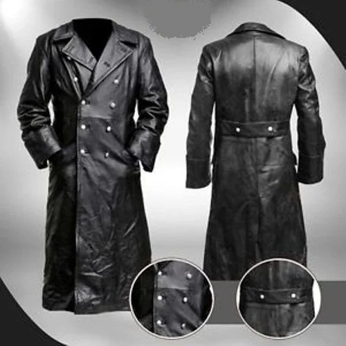 German Classic Officer WW2 Military Uniform Black Leather Trench Coat - Image 4