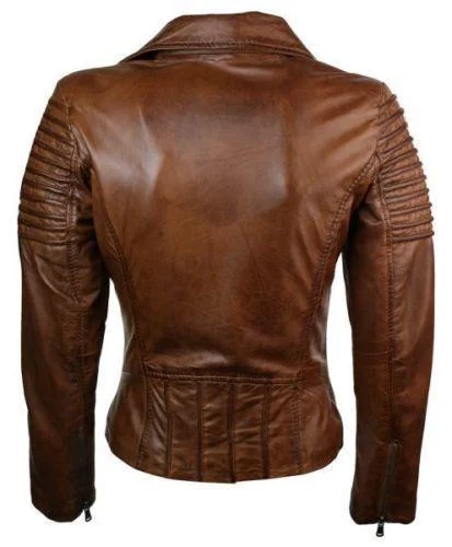 Women Real Leather Slim Fit Waxed Brown Biker Jacket NEW - Image 2
