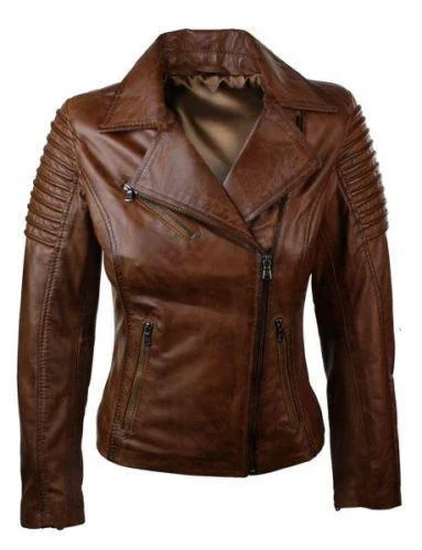 Women Real Leather Slim Fit Waxed Brown Biker Jacket NEW - Image 1