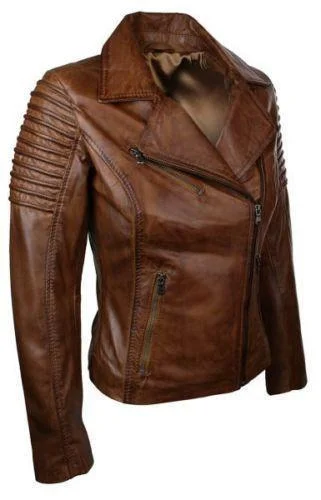 Women Real Leather Slim Fit Waxed Brown Biker Jacket NEW - Image 3
